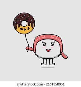 Cute cartoon sushi floating with donuts balloon cartoon vector illustration