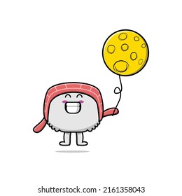 Sushi de dibujos animados mate flotando con globo lunar ilustración vectorial