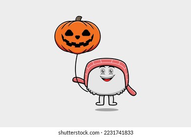 Cute cartoon Sushi floating with pumpkin halloween balloon in flat cartoon icon illustration
