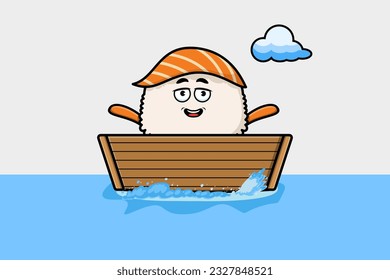 cute cartoon Sushi get on boat in vector character illustration