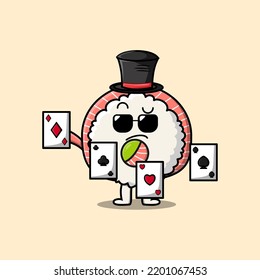 Cute cartoon sushi magician character playing magic cards in flat cartoon style illustration