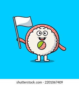 Cute cartoon Sushi mascot character with white flag in modern design