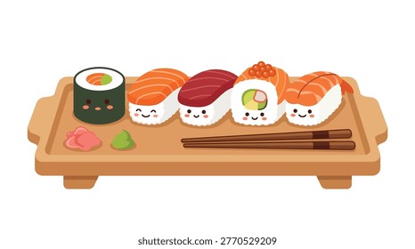 Cute cartoon sushi platter featuring smiling nigiri and maki rolls with chopsticks and wasabi on a wooden board. Great for menu design or decorations.