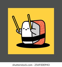 A cute cartoon sushi roll with chopsticks and a happy face on a yellow background