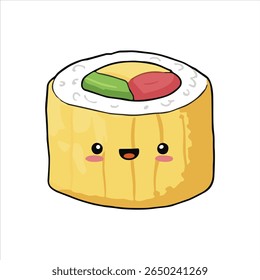Cute cartoon sushi roll with smiling face, blushing cheeks, and colorful filling on white background, perfect for kawaii food-themed designs.

