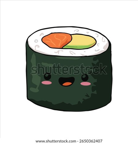 Cute cartoon sushi roll with smiling face, blushing cheeks, and colorful salmon and avocado filling, wrapped in dark green seaweed on a white background.

