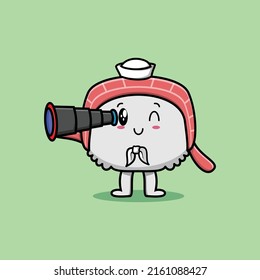 Cute cartoon sushi sailor with hat and using binocular cute modern style design