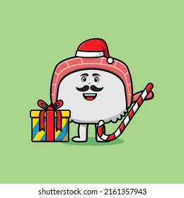 cute cartoon sushi santa clause character is bringing candy cane and boxes christmas illustration