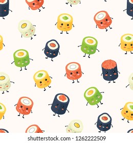 Cute cartoon sushi seamless pattern. Vector illustration