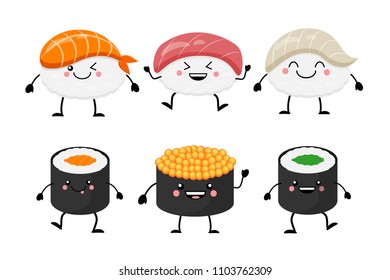 Cute cartoon sushi set characters. Kawaii sushi. Vector illustration isolated on white background.