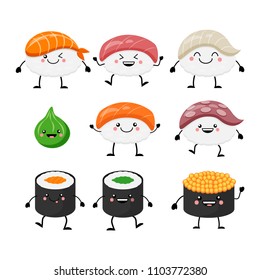 Cute cartoon sushi set characters. Kawaii sushi. Vector illustration isolated on white background.