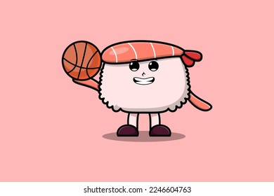 Cute cartoon Sushi shrimp character playing basketball in flat modern style design illustration