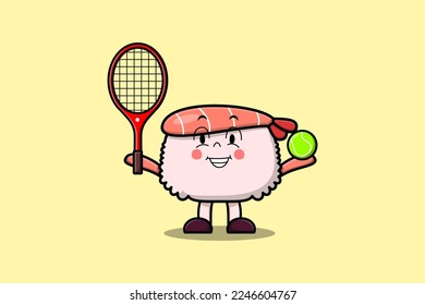 Cute cartoon Sushi shrimp character playing tennis field in flat cartoon style illustration