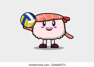 Cute cartoon Sushi shrimp character playing volleyball in flat cartoon style illustration