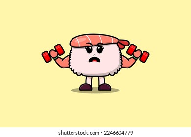 Cute cartoon Sushi shrimp character is fitness with barbell in modern style design