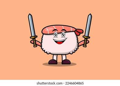 Cute cartoon Sushi shrimp character holding two sword in 3d modern design illustration