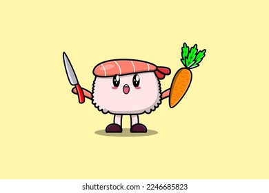 Cute cartoon Sushi shrimp character holding knife and carrot in modern style design