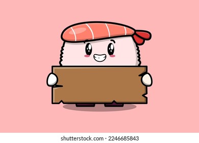 Cute cartoon Sushi shrimp character holding blank wooden text board vector icon illustration