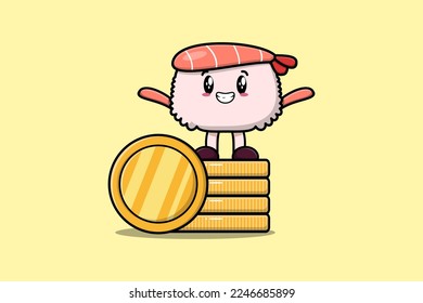 Cute cartoon Sushi shrimp character standing in stacked gold coin vector illustration flat cartoon