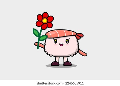 Cute cartoon Sushi shrimp character holding red flower in concept 3d cartoon style