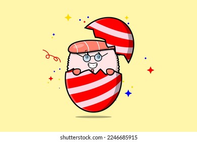 Cute cartoon Sushi shrimp character coming out from easter look so happy illustration