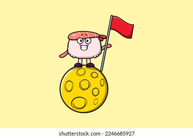 Cute cartoon Sushi shrimp character standing on the moon with flag in 3d modern design illustration