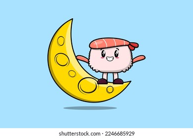 Cute cartoon Sushi shrimp character standing on the crescent moon in 3d modern design illustration