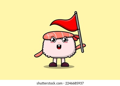 Cute cartoon Sushi shrimp character holding triangle flag in 3d modern design illustration