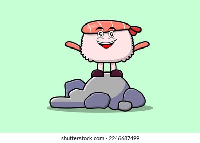 Cute cartoon Sushi shrimp character standing in stone vector illustration cartoon style