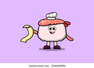 Cute cartoon Sushi shrimp chef character with menu in hand cute style design illustration