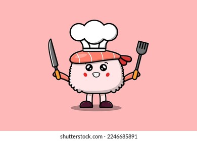 Cute cartoon Sushi shrimp chef character holding knife and fork in flat cartoon style illustration