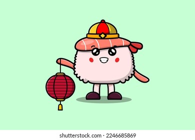 Cute cartoon Sushi shrimp chinese character holding lantern in vector icon illustration