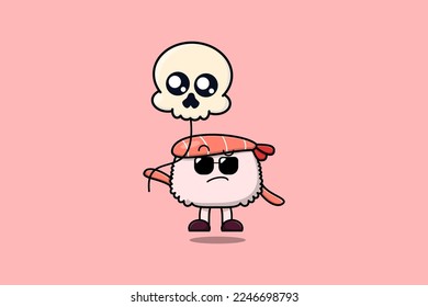Cute cartoon Sushi shrimp floating with skull balloon in flat cartoon vector icon illustration