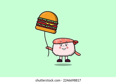 Cute cartoon Sushi shrimp floating with burger balloon in flat cartoon vector icon illustration
