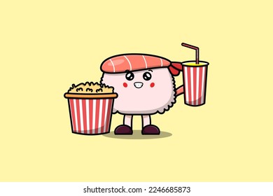 Cute cartoon Sushi shrimp with popcorn and drink ready to watching film in cinema