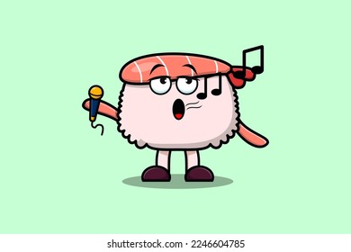 Cute cartoon Sushi shrimp singer character holding mic in flat modern style design illustrations