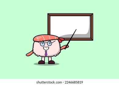 Cute cartoon Sushi shrimp teacher character teaching with whiteboard in flat cartoon style concept