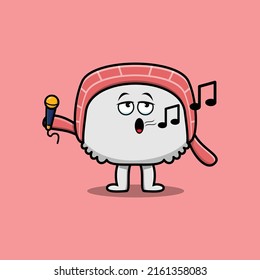 Cute cartoon sushi singer character holding mic in 3d modern style design