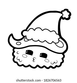 Cute cartoon sushi smile with Christmas hat, icon, emoji element on white background. Doodle black line decoration for logo, coloring, card and any design. Vector illustration about holiday.