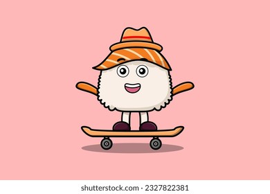 cute cartoon Sushi standing on skateboard with cartoon vector illustration style