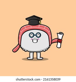 Cute cartoon sushi student character on graduation day with toga in concept flat cartoon style