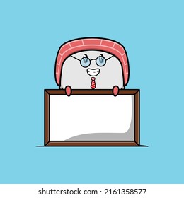 Cute cartoon sushi teacher character with big whiteboard in flat cartoon style concept