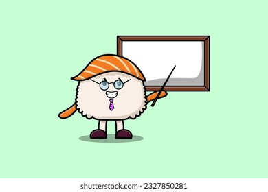 Cute cartoon Sushi teacher character teaching with whiteboard in flat cartoon style concept