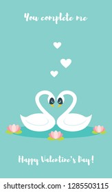Cute cartoon swan couple valentine's day vector greeting card