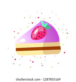 Cute cartoon sweet cake vector illustration. Colorful cake icon with strawberry on top and sprinkles. Cute cartoon round cake