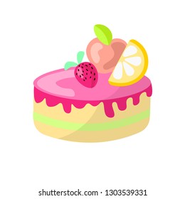Cute cartoon sweet cake vector illustration. Colorful cake icon with cherry, lemon and apple on top and sprinkles. Cute cartoon fruit round cake with pink glaze