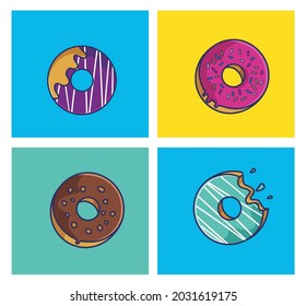 Cute Cartoon sweet donuts set colorful taste chocolate greentea milk strawberry for kid child. Food and Drink Cartoon Flat Style Icon illustration Premium Vector Logo