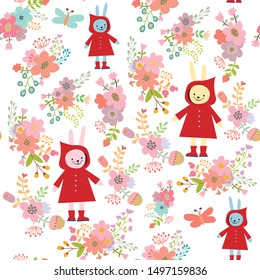 Cute cartoon sweet Merry Christmas red hood rabbit girl and flower garden seamless pattern,illustration vector by freehand doodle comic art