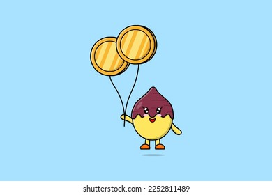 Cute cartoon Sweet potato businessman floating with gold coin balloon cartoon vector illustration