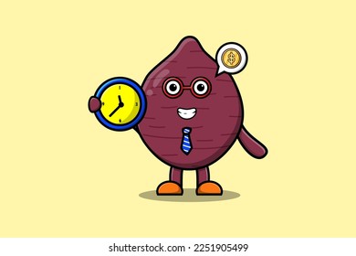 Cute cartoon Sweet potato character holding clock illustration with happy expression